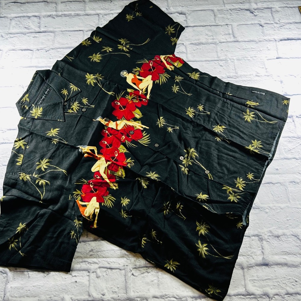 Natural Issue Mens XL Black Tropical Pin Up Girl Hibiscus Rayon Hawaiian Shirt